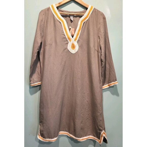 New Lucky Brand Tan Linen Blend Embroidered Long Sleeve Shift Dress Pockets Lg - Picture 1 of 4